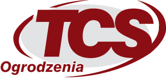 Logo firmy TCS Ogrodzenia z czerwonym napisem i szarym tłem.